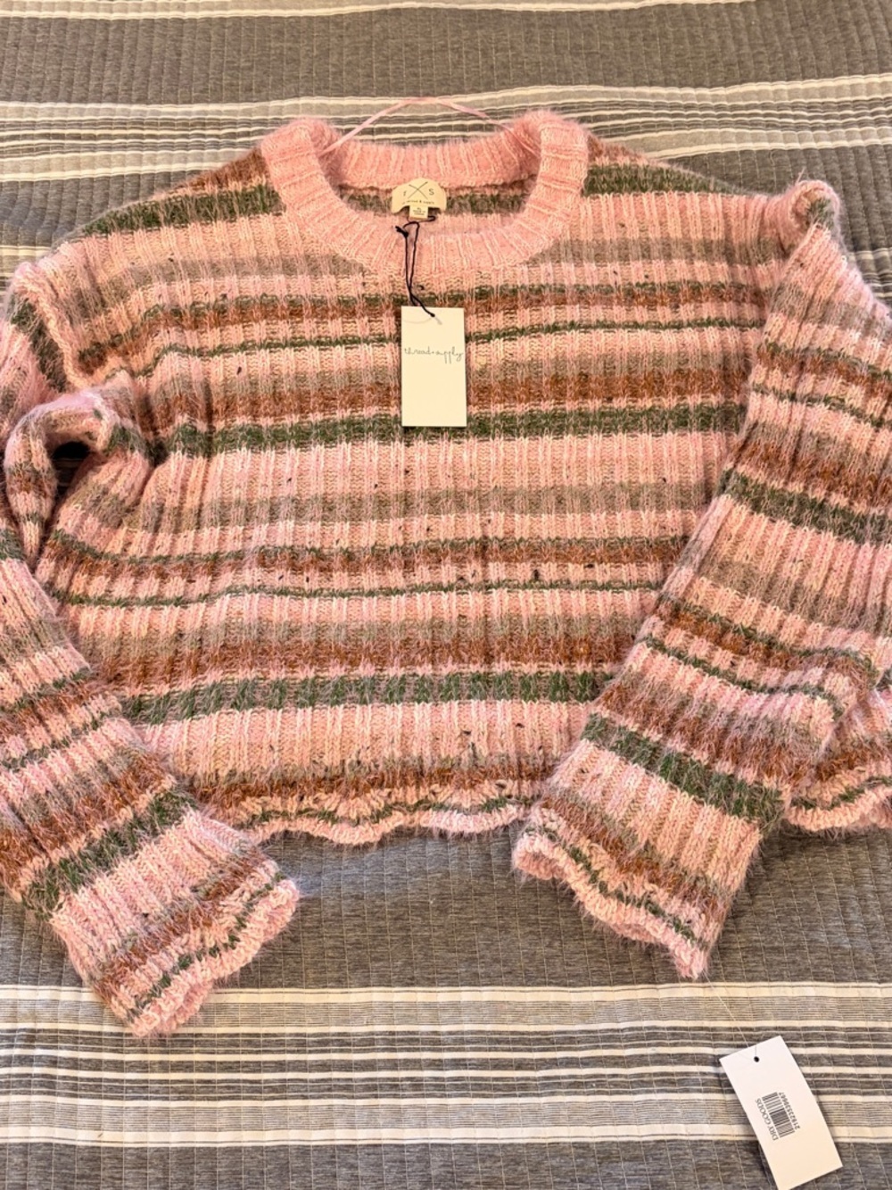 Dry Goods Thread & Supply Pink and Olive Striped Crewneck Sweater Women’s XL